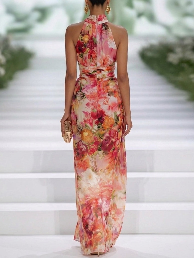 Fae | Rotes ärmelloses Maxikleid aus Chiffon mit Blumen