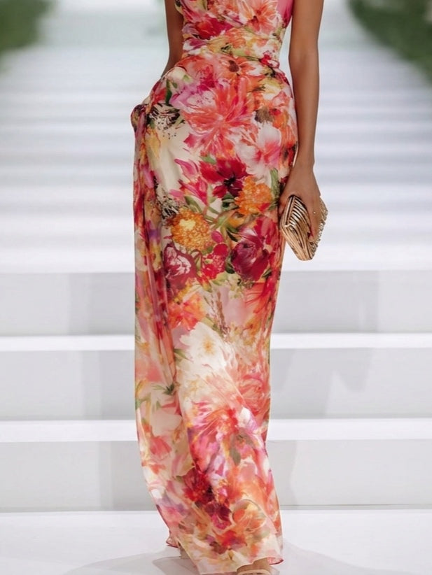 Fae | Rotes ärmelloses Maxikleid aus Chiffon mit Blumen