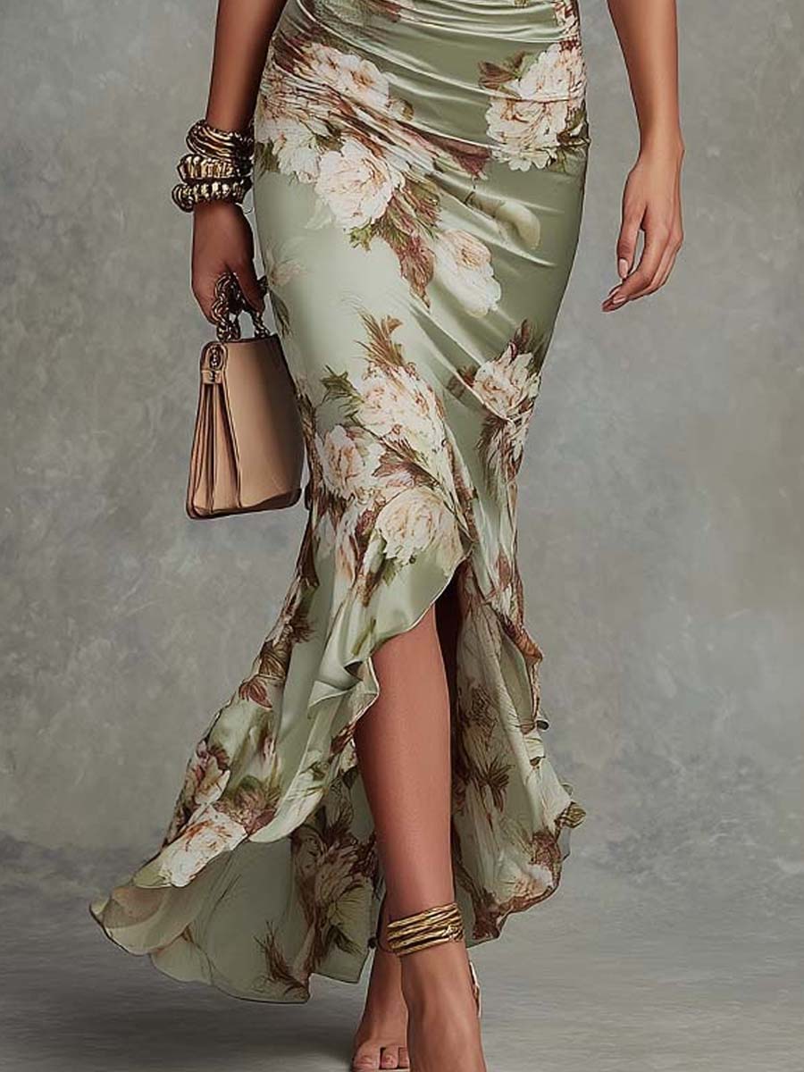 Émilie | Geblümtes Satin-Maxikleid mit Glockenärmeln und V-Ausschnitt