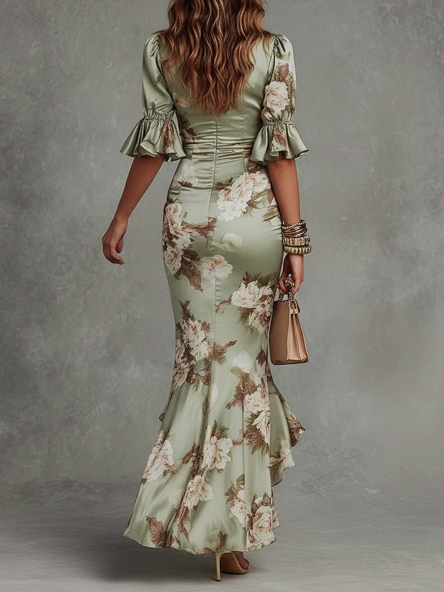 Émilie | Geblümtes Satin-Maxikleid mit Glockenärmeln und V-Ausschnitt