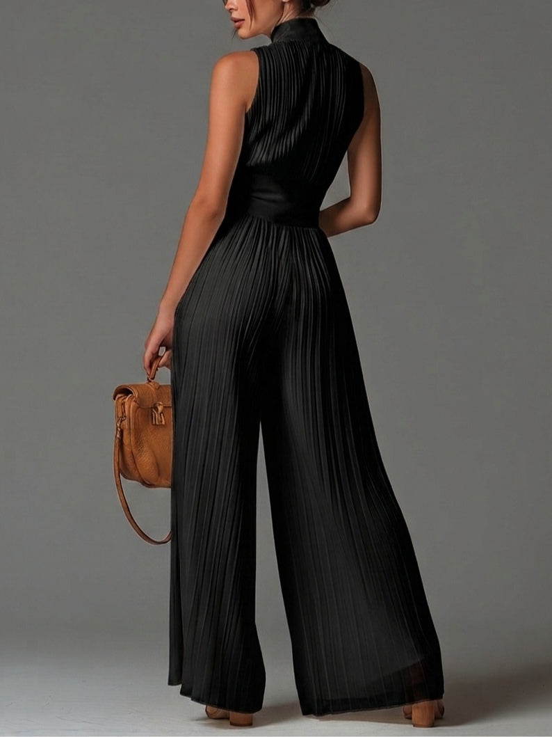 Anaïs | Chiffon-Jumpsuit mit V-Ausschnitt und weitem Plissee-Bein