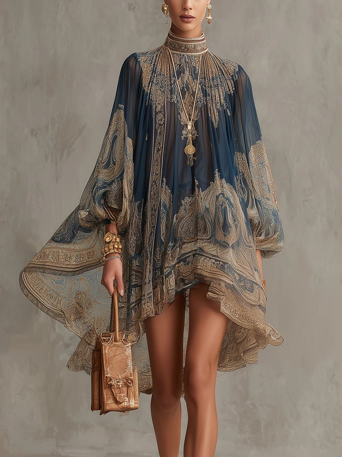 Bérénice | Chiffon-Minikleid mit Barockmuster und Stehkragen