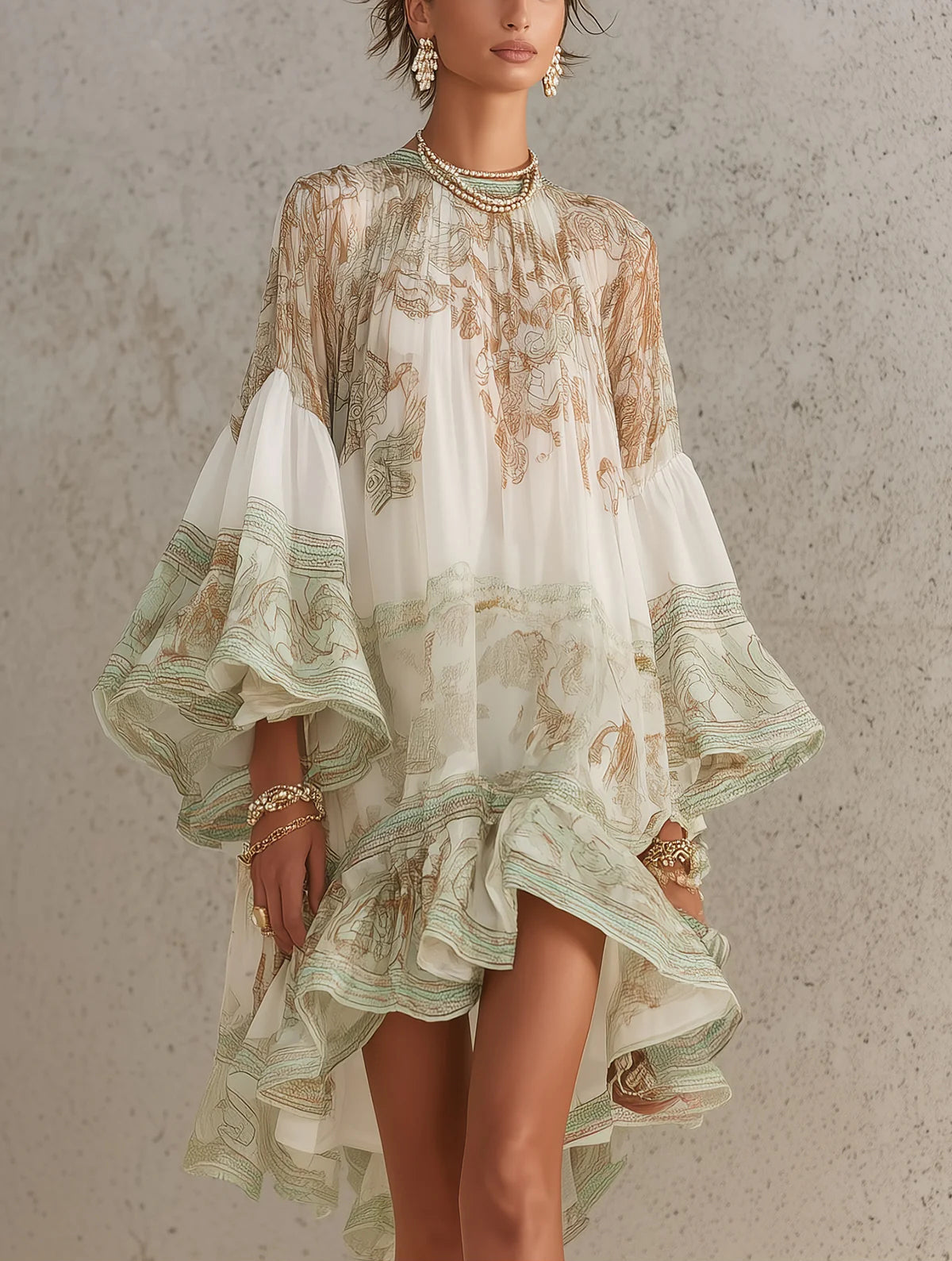 Salomé | Chiffon-Minikleid mit voluminösen Ärmeln und Volantsaum