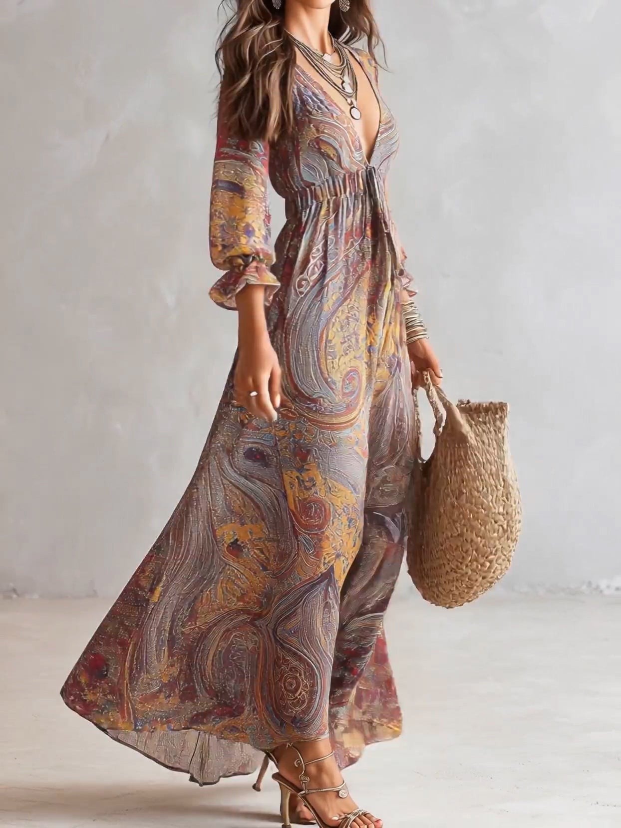 Pénélope | Chiffon-Maxikleid mit Paisleymuster und V-Ausschnitt