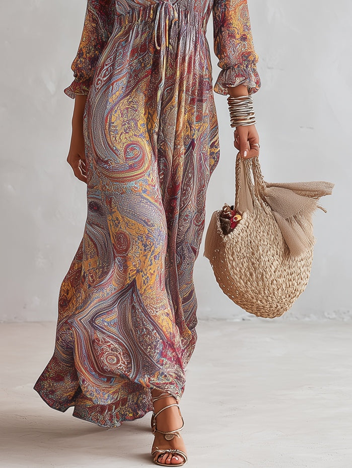 Pénélope | Chiffon-Maxikleid mit Paisleymuster und V-Ausschnitt