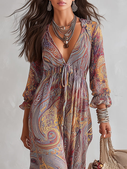 Pénélope | Chiffon-Maxikleid mit Paisleymuster und V-Ausschnitt