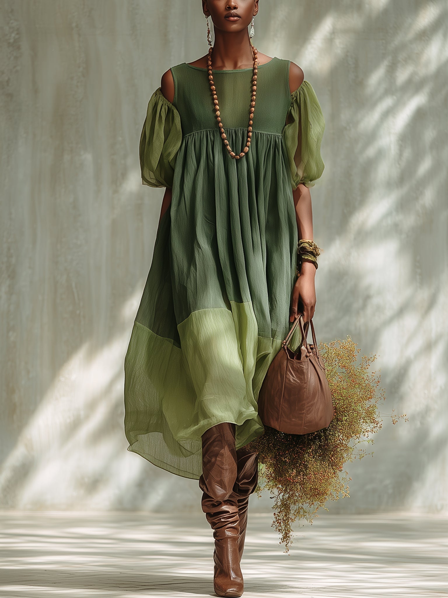 Céline | Grünes Chiffon-Midikleid mit freien Schultern