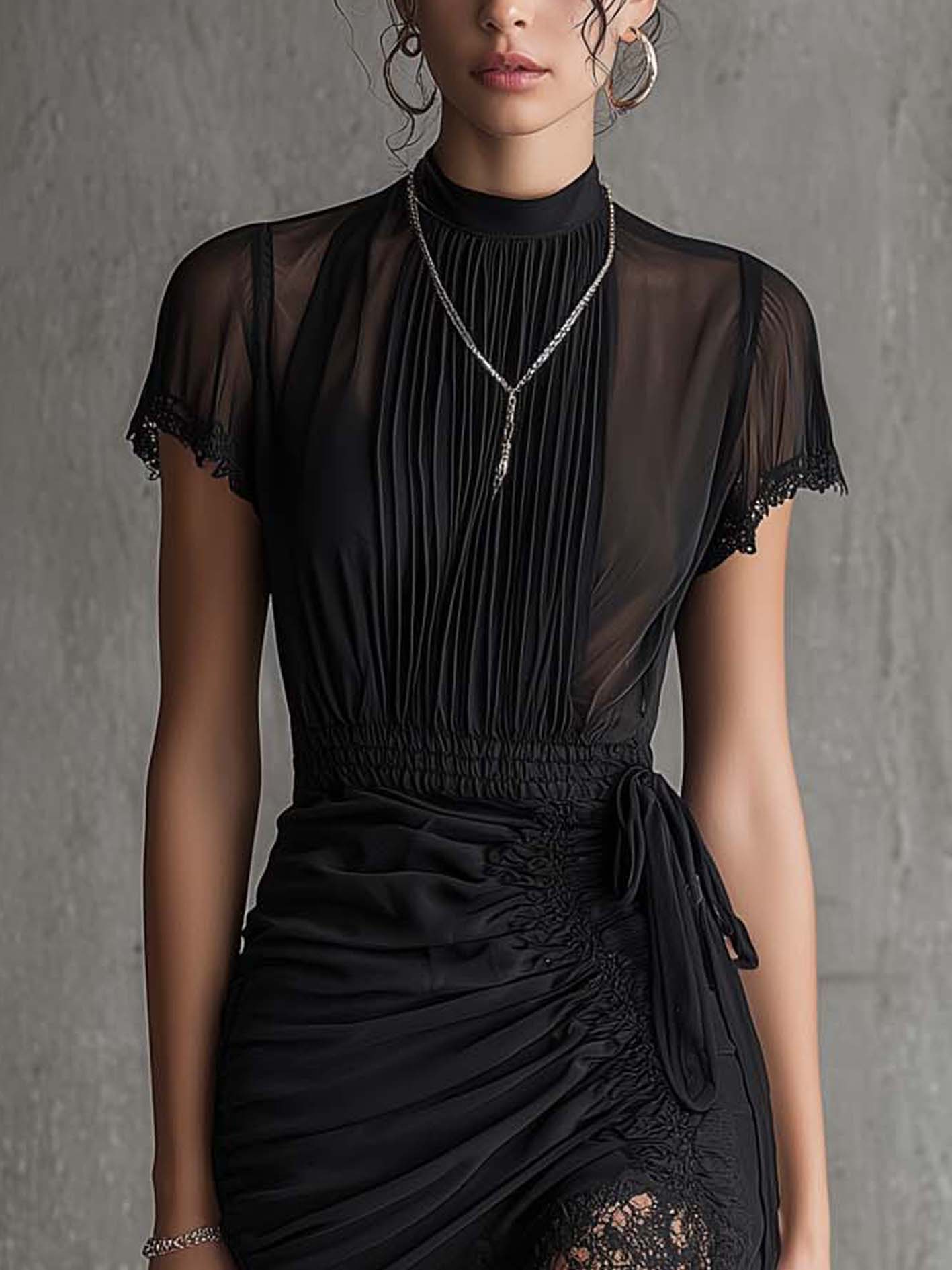 Séverine | Chiffon-Minikleid mit plissierter Taille und Spitzenbesatz