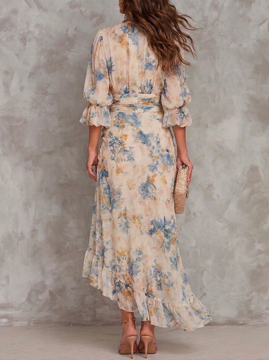 Béatrice | Chiffon-Maxikleid mit Rollkragen und Blumenmuster