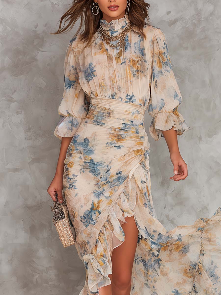 Béatrice | Chiffon-Maxikleid mit Rollkragen und Blumenmuster