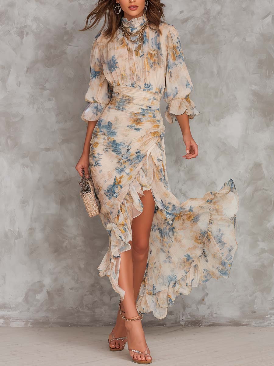 Béatrice | Chiffon-Maxikleid mit Rollkragen und Blumenmuster