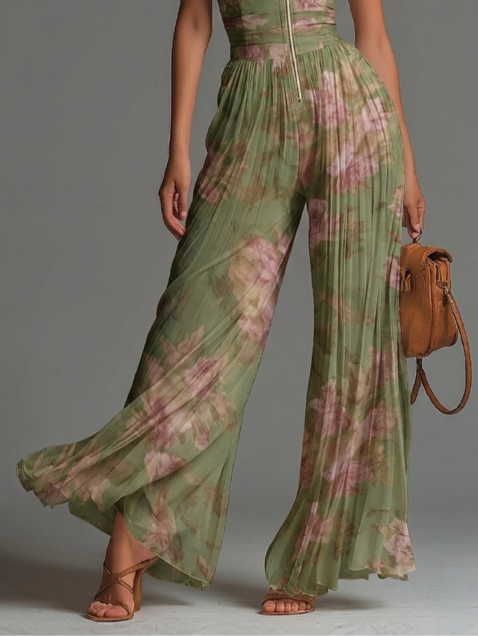 Esméralda | Geblümter Chiffon-Jumpsuit mit V-Ausschnitt und weitem Bein