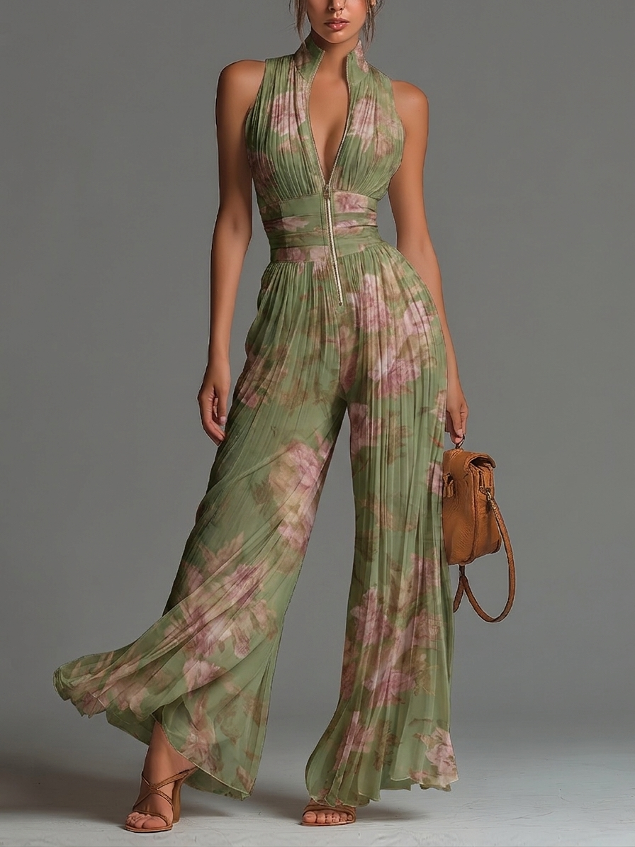 Esméralda | Geblümter Chiffon-Jumpsuit mit V-Ausschnitt und weitem Bein