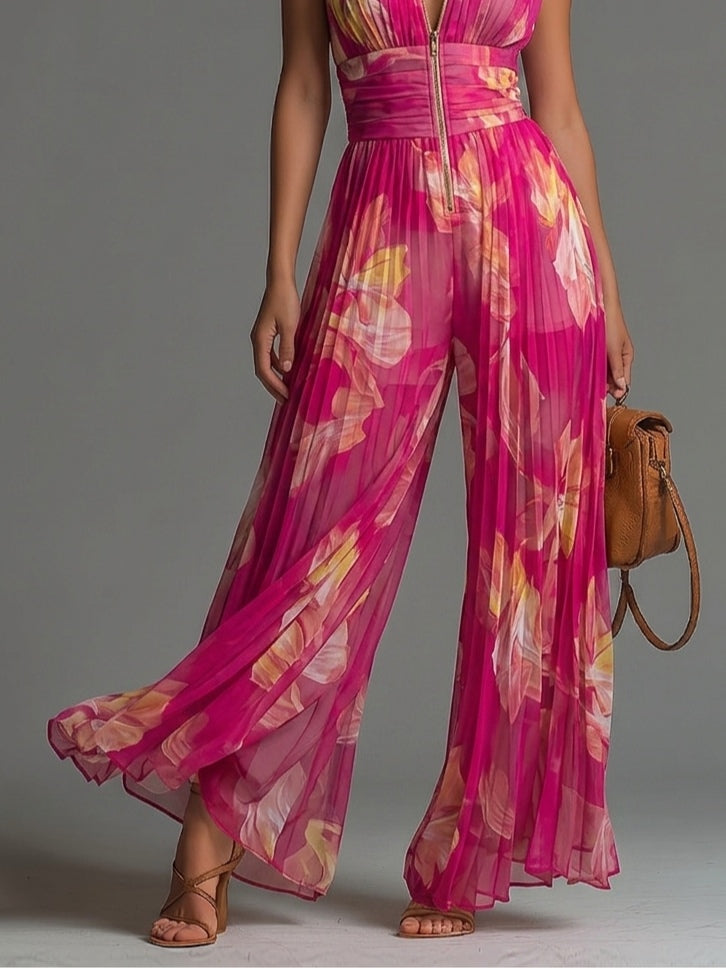 Océane | Fuchsiafarbener Chiffon-Jumpsuit mit Blumenmuster und weitem Bein