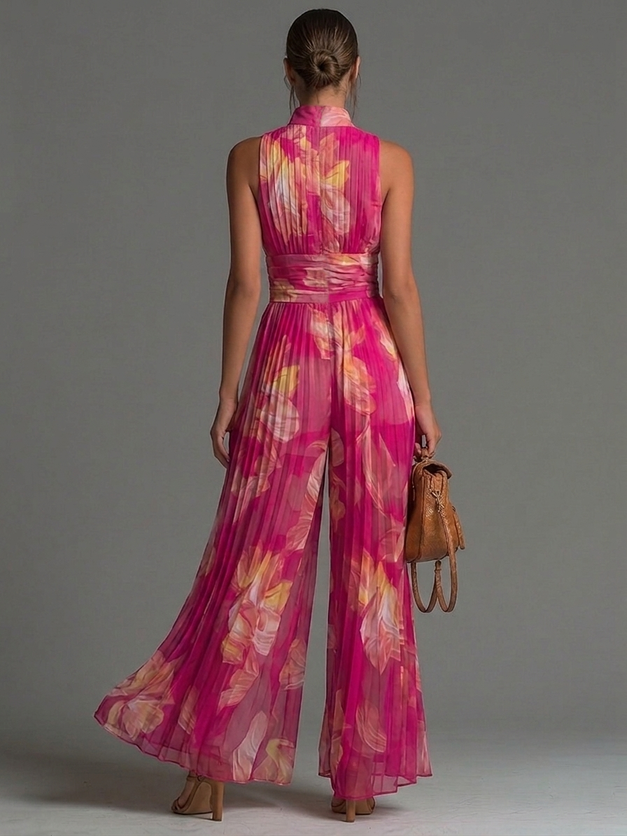 Océane | Fuchsiafarbener Chiffon-Jumpsuit mit Blumenmuster und weitem Bein