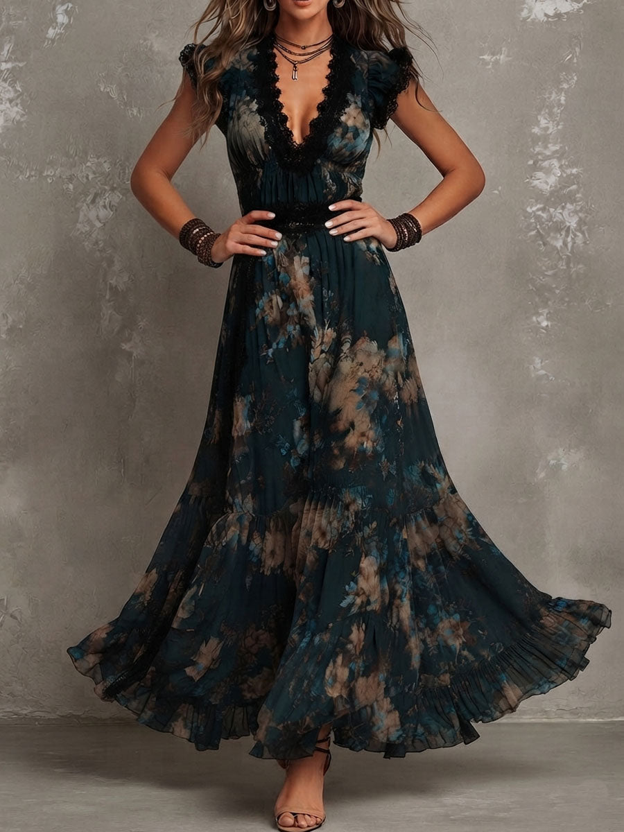 Lucia | Dunkelgrünes Vintage-Maxikleid aus Chiffon mit floraler Spitze