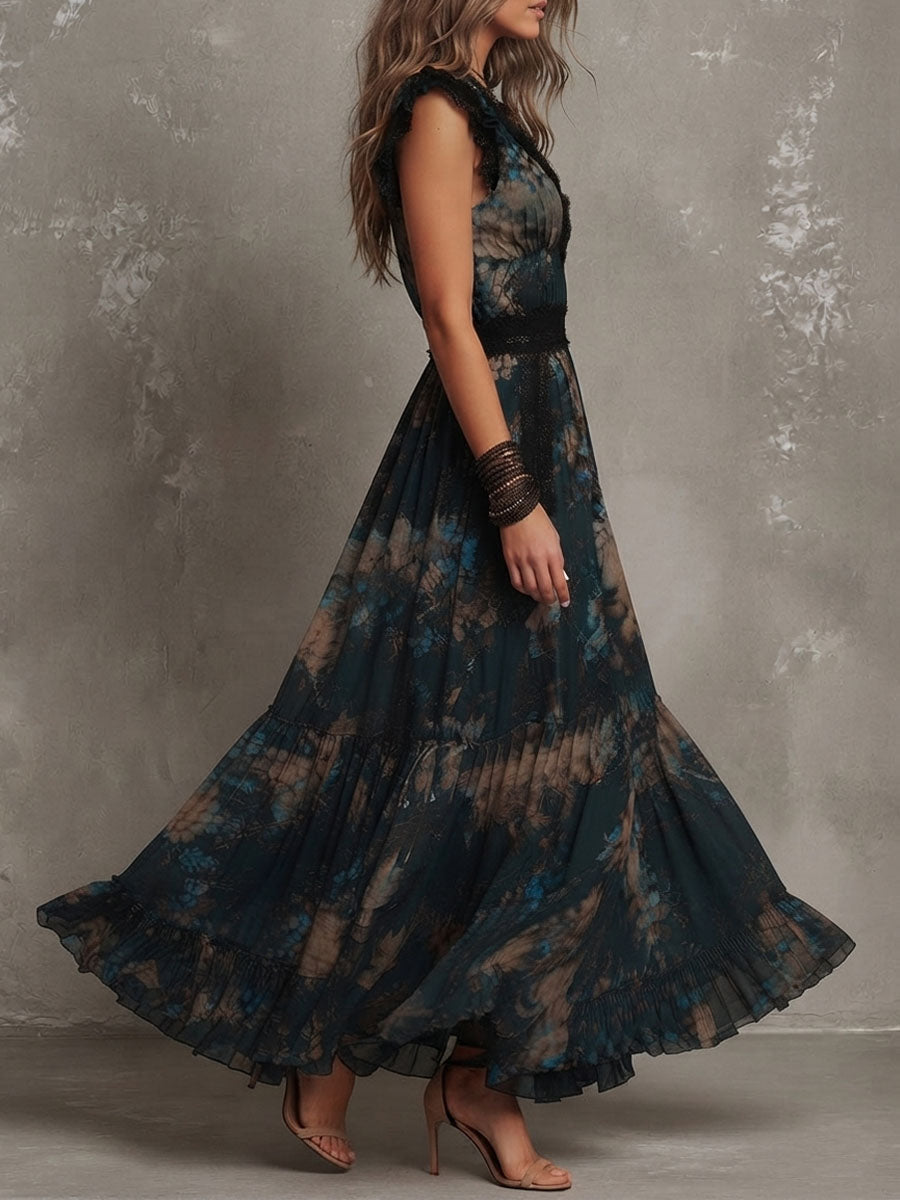 Lucia | Dunkelgrünes Vintage-Maxikleid aus Chiffon mit floraler Spitze