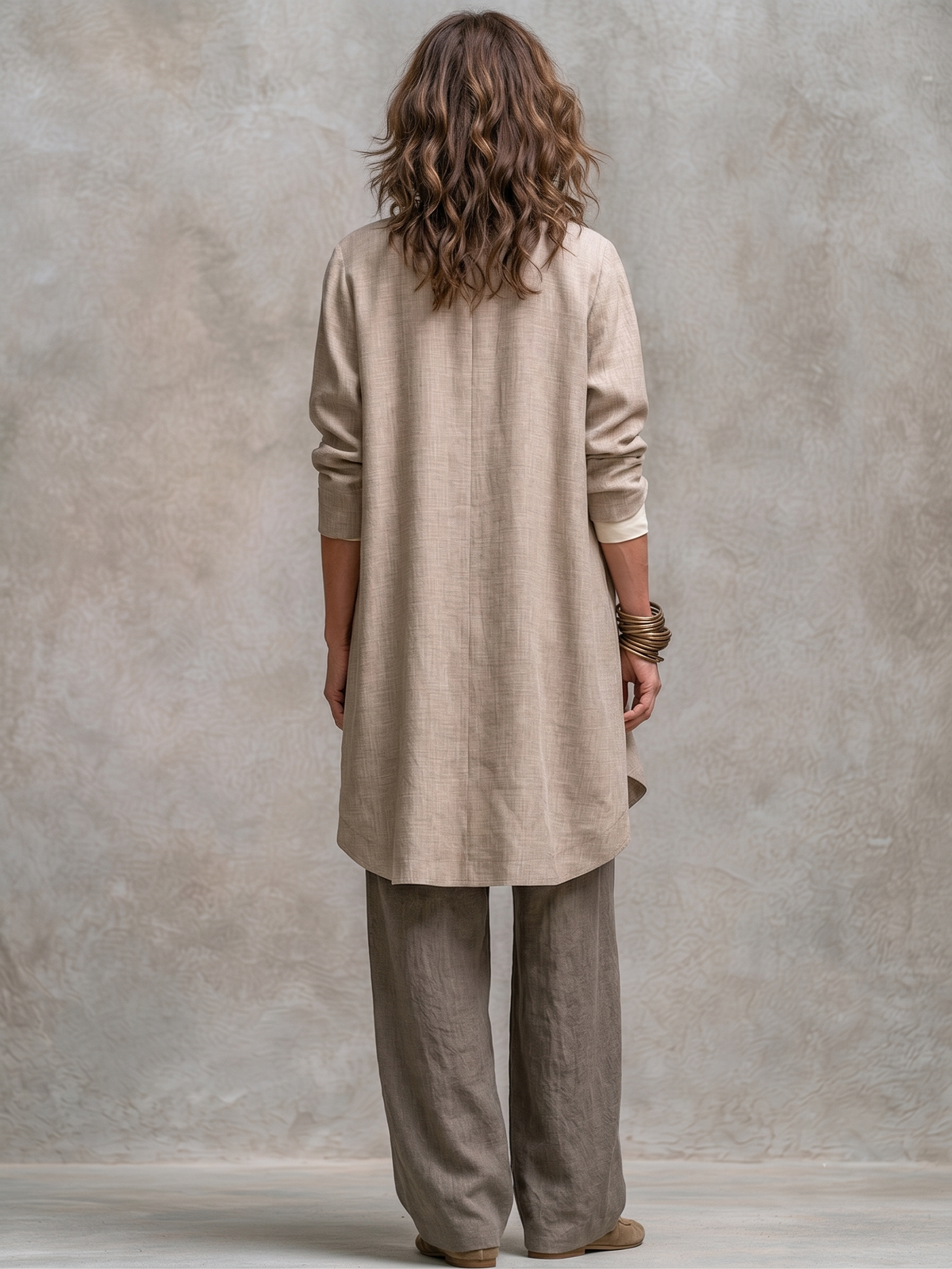 Constance | Elegantes dreiteiliges beige-graues Casual-Set im Lagenlook mit Palazzo-Hose