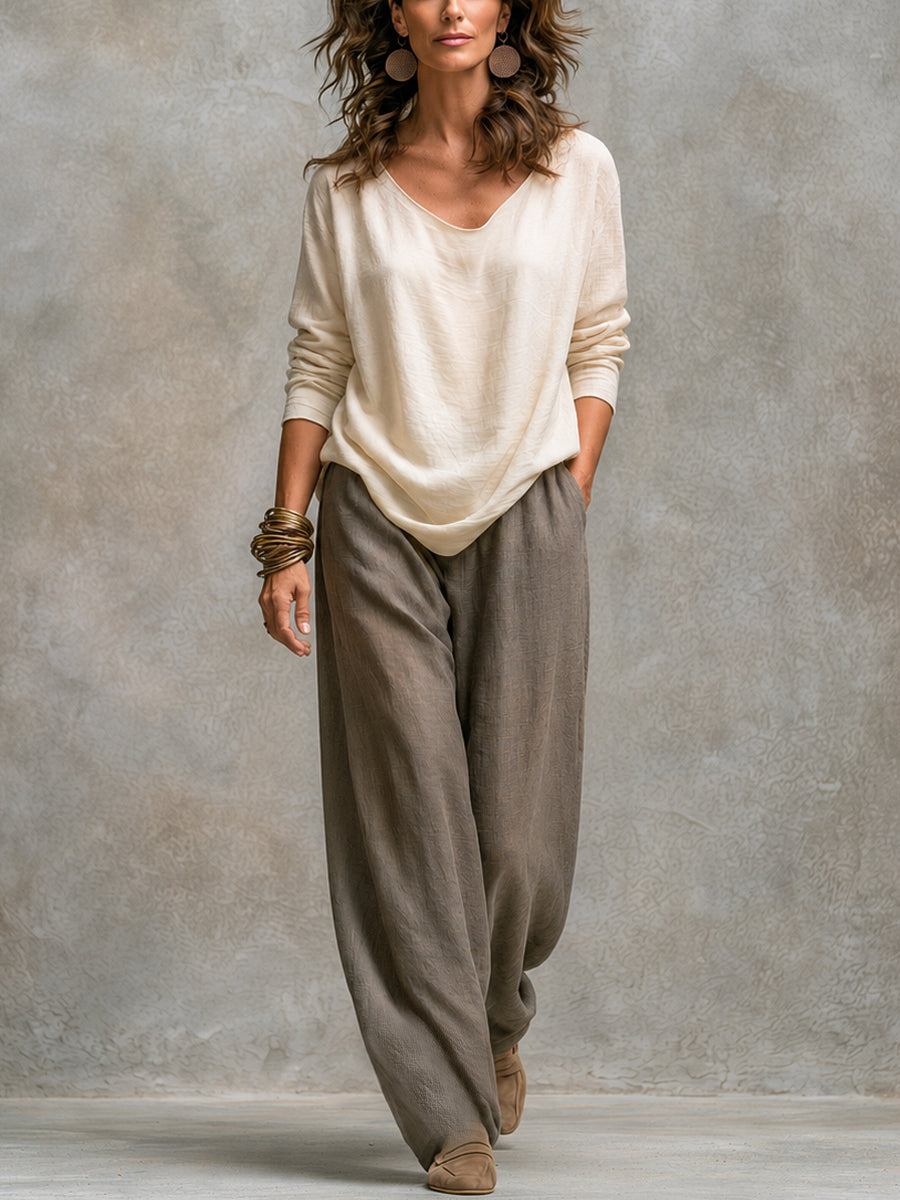 Constance | Elegantes dreiteiliges beige-graues Casual-Set im Lagenlook mit Palazzo-Hose