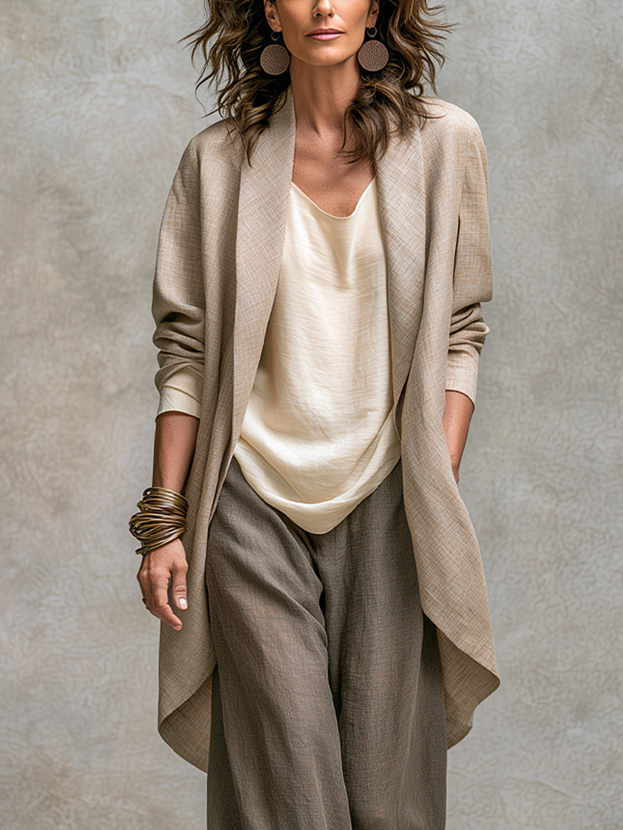 Constance | Elegantes dreiteiliges beige-graues Casual-Set im Lagenlook mit Palazzo-Hose