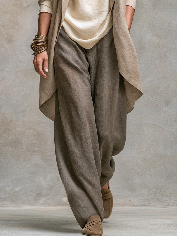 Constance | Elegantes dreiteiliges beige-graues Casual-Set im Lagenlook mit Palazzo-Hose