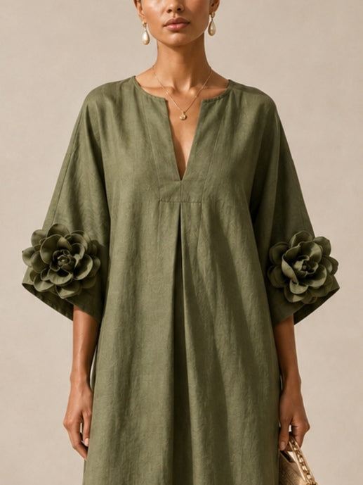 Aurélie | Olivgrünes Midikleid mit V-Ausschnitt und auffälligen Blumenärmeln