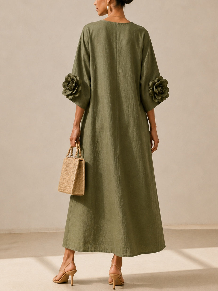 Aurélie | Olivgrünes Midikleid mit V-Ausschnitt und auffälligen Blumenärmeln