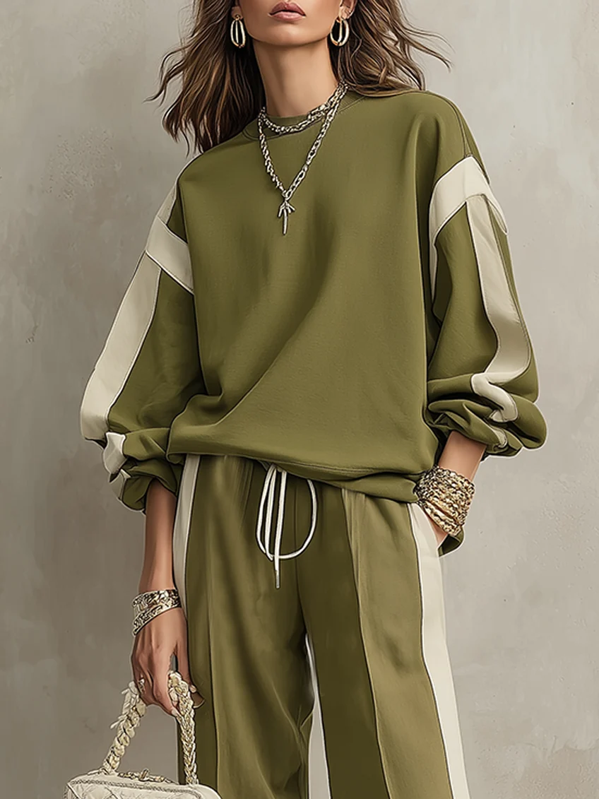 Solange | Olivgrünes Casual-Set aus Rundhals-Sweatshirt und weiter Kordelzughose