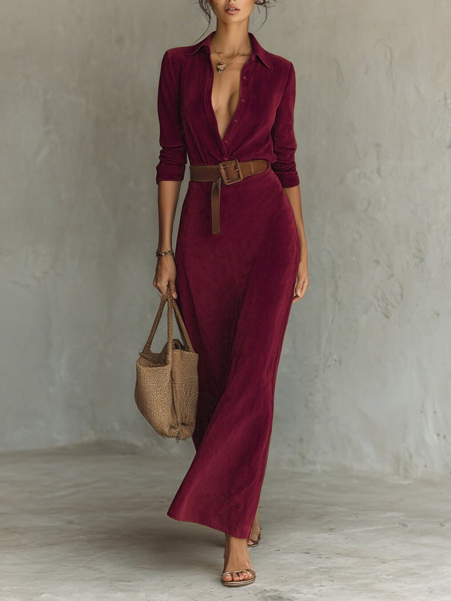 Einreihiges Wildleder-Maxikleid mit Revers