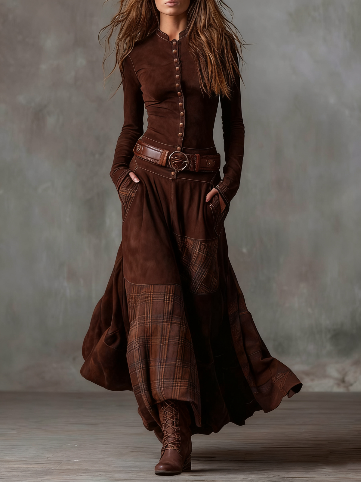 Élise | Maxikleid in Wildlederoptik mit Gürtel