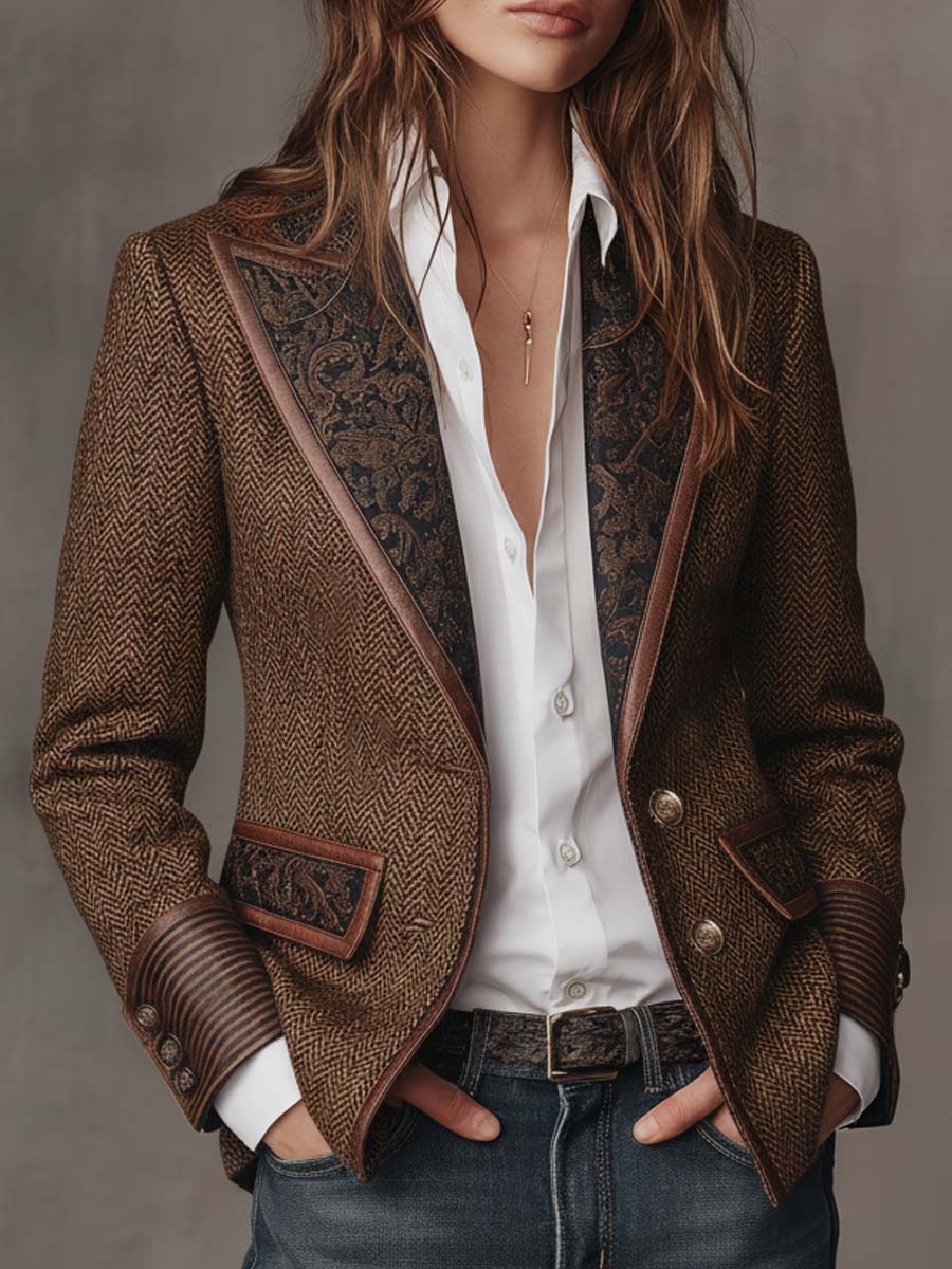 Damen-Blazer mit Fischgrätmuster und Print-Einsätzen