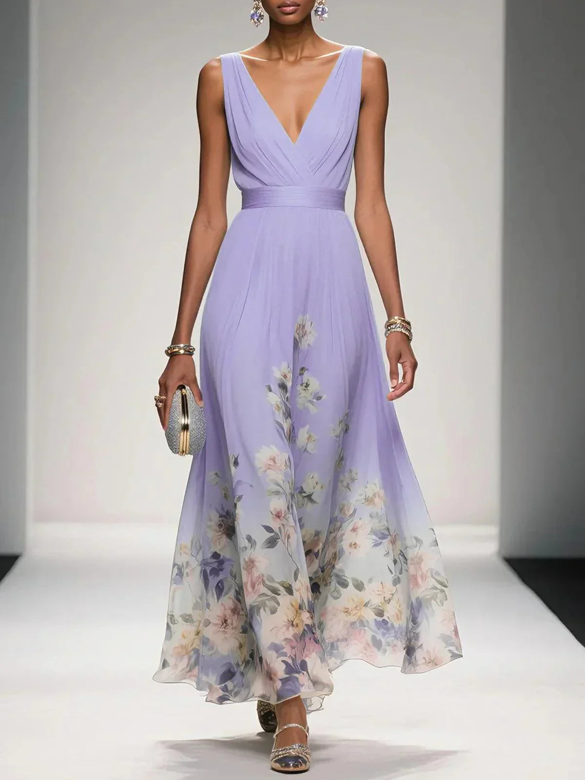Rosa | Chiffon Chiffon Maxikleid Hellblau mit V-Ausschnitt