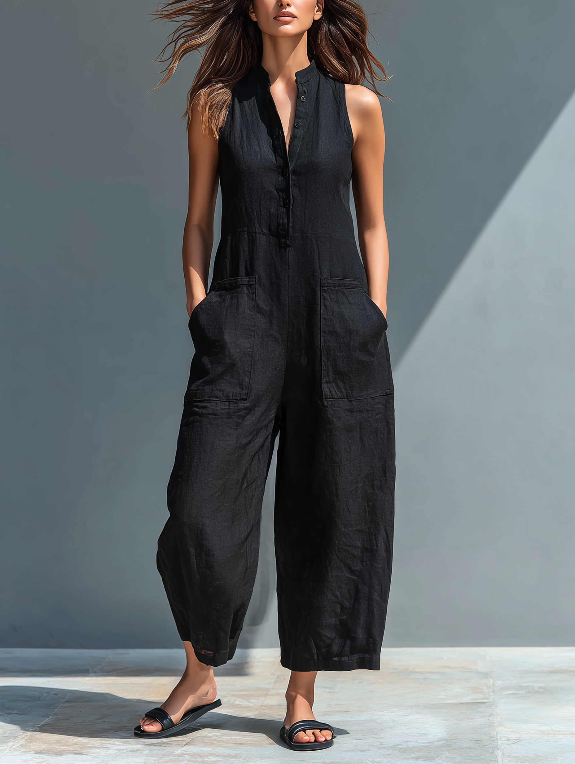 Minimalistische ärmellose Latzhose aus Halbleinen für Frauen mit Stehkragen und Knöpfen