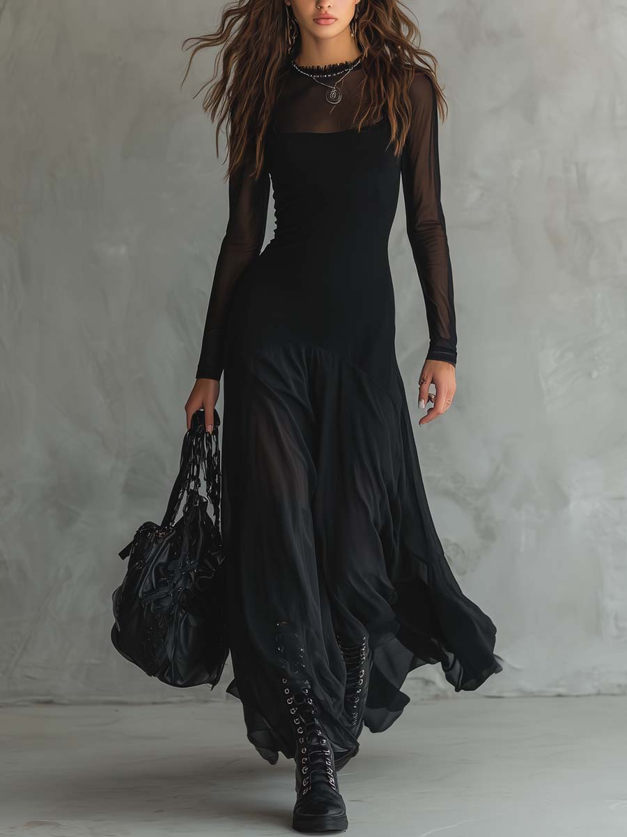 Emma™ | Schwarzes Maxikleid mit transparenten Ärmeln
