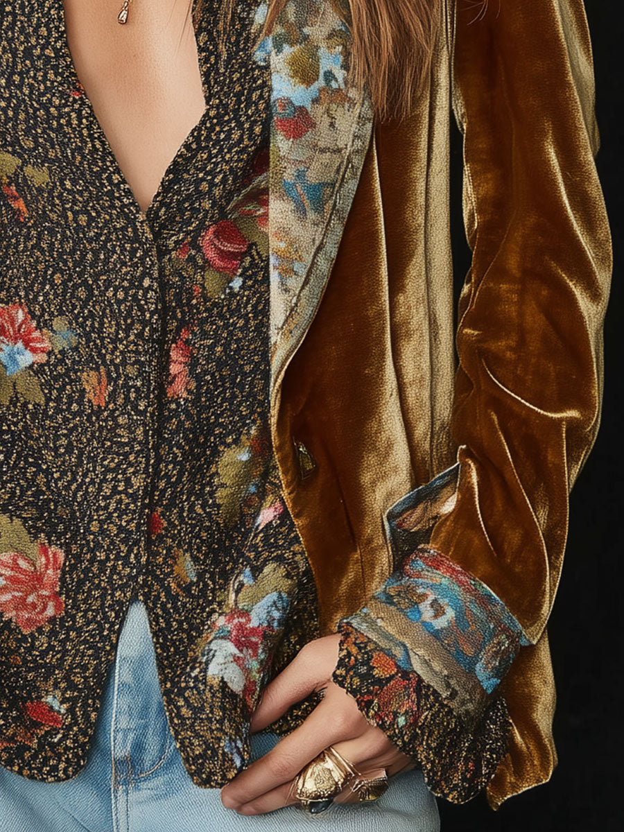Damen Vintage-Blazer mit floralem Patchwork-Print