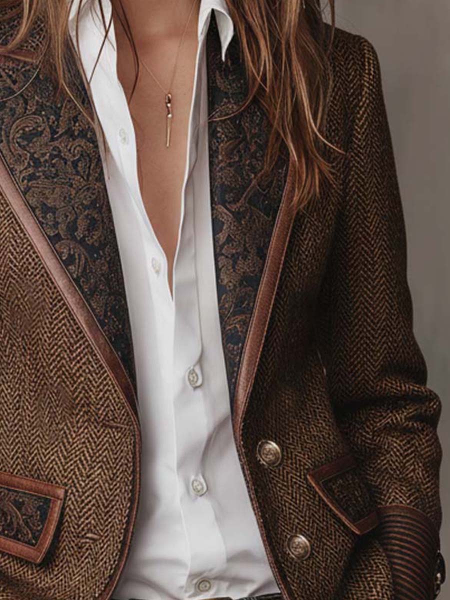 Damen-Blazer mit Fischgrätmuster und Print-Einsätzen