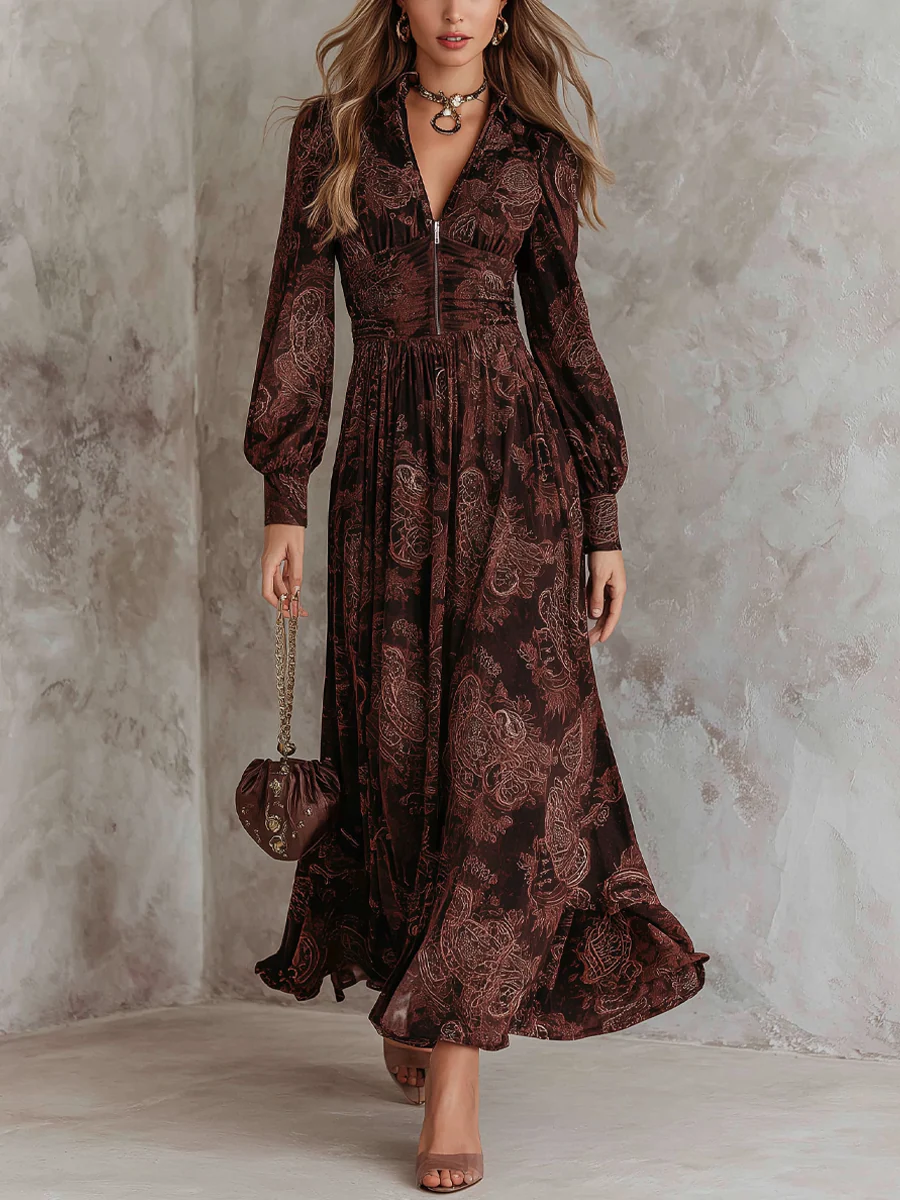 Oriane | Braunes Maxikleid mit hoher Taille, Reißverschluss und Paisley-Muster