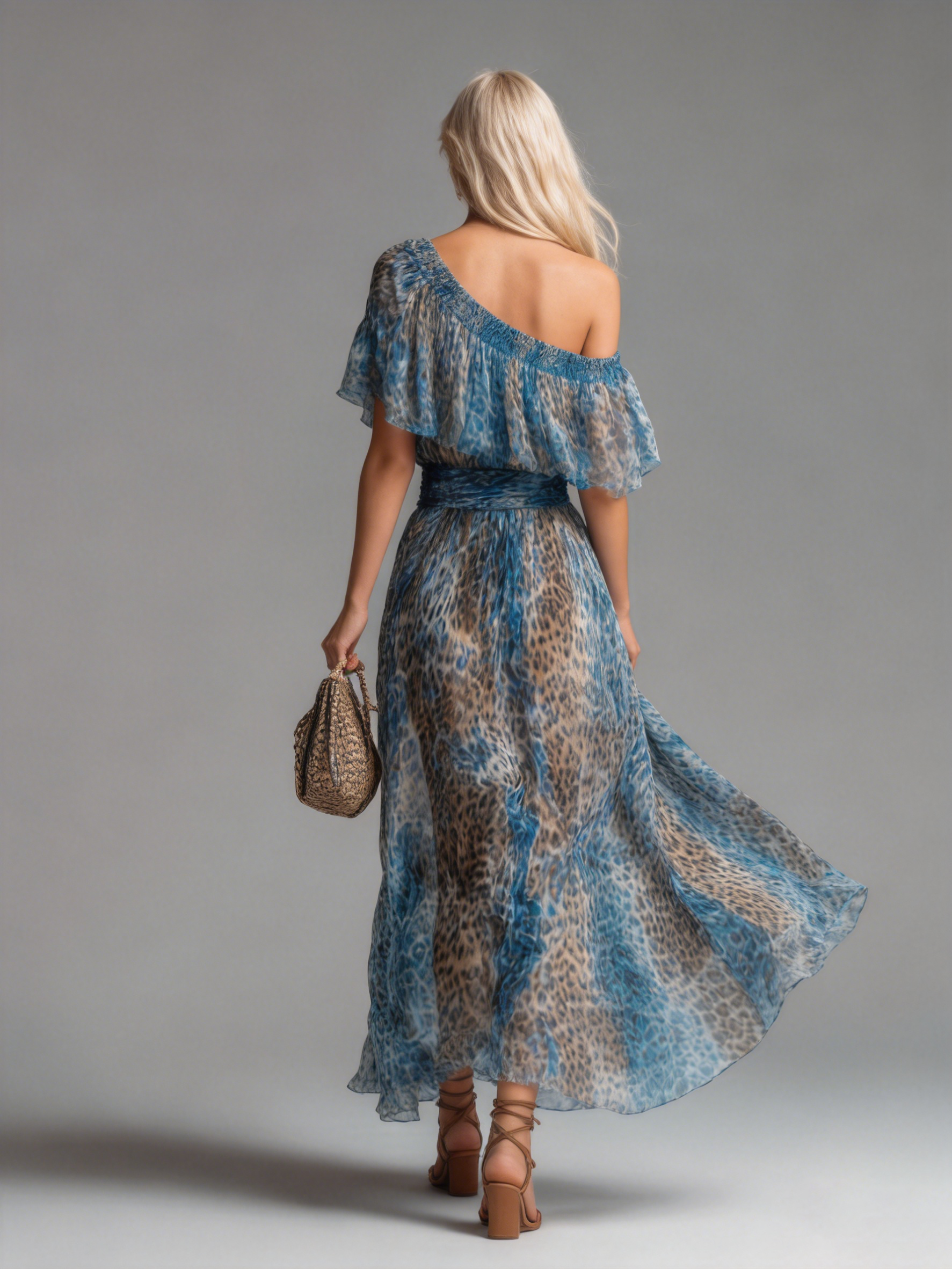 Selvaggia - Langes Chiffonkleid mit Leopardenmuster und freien Schultern