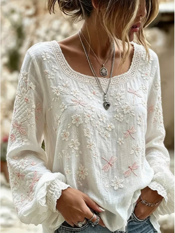 Liva™ | Bluse mit Libellen- und Blumenstickerei