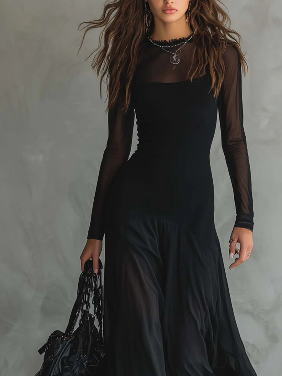 Domitille | Schwarzes Maxikleid mit Tüll-Patchwork