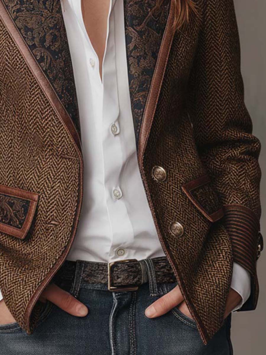 Damen-Blazer mit Fischgrätmuster und Print-Einsätzen