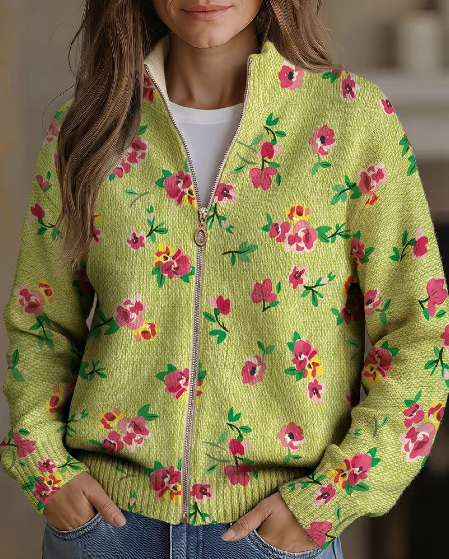 Constance™ | Reißverschluss-Cardigan mit rosa Blumen auf Limettengrün
