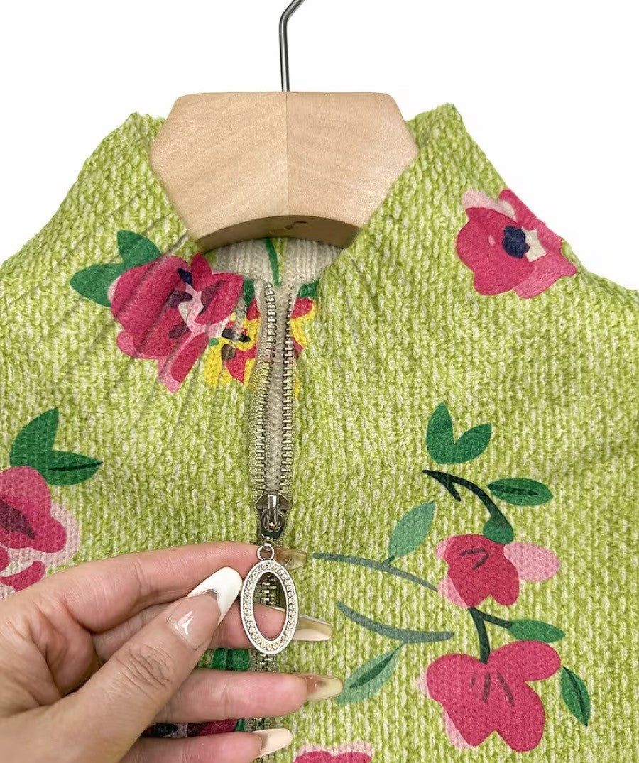Constance™ | Reißverschluss-Cardigan mit rosa Blumen auf Limettengrün