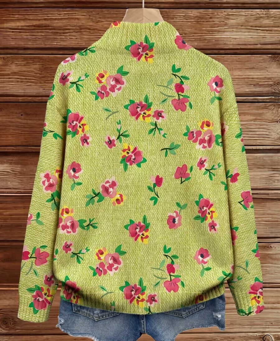 Constance™ | Reißverschluss-Cardigan mit rosa Blumen auf Limettengrün