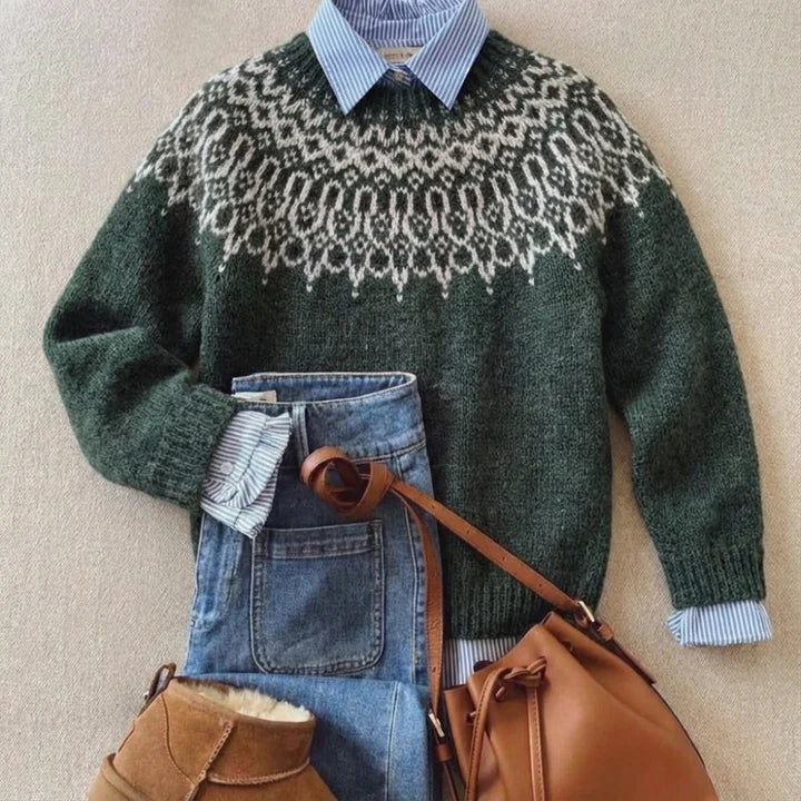 Roxane | Strickpullover mit Schneeflocken in Waldgrün
