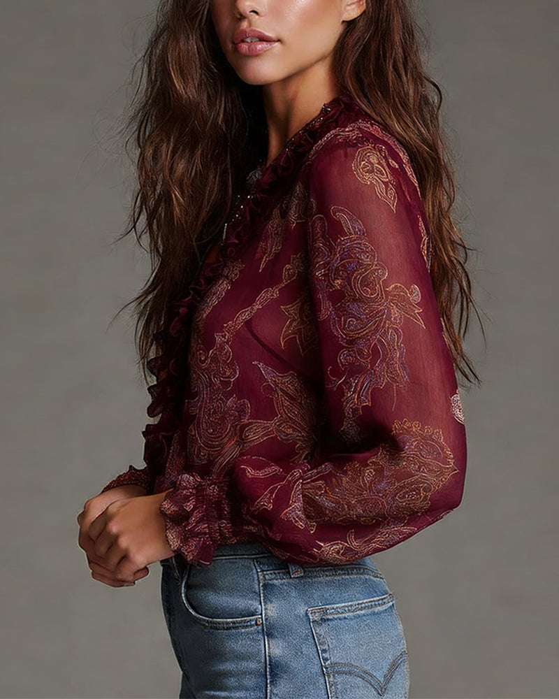 Demi-Zip-Bluse mit Retro-Rüschen
