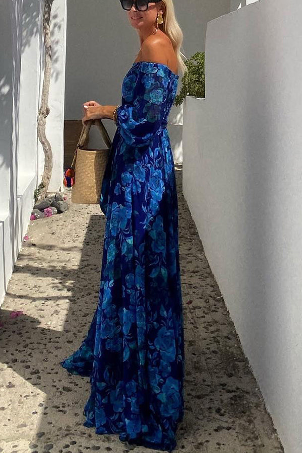 Luna™ | Langes Kleid mit Blumenmuster und schulterfreien Ärmeln