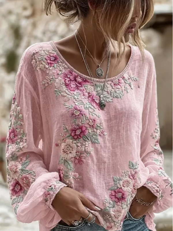 Rosalind™ | Bluse mit Blumenmuster und pinker Stickerei