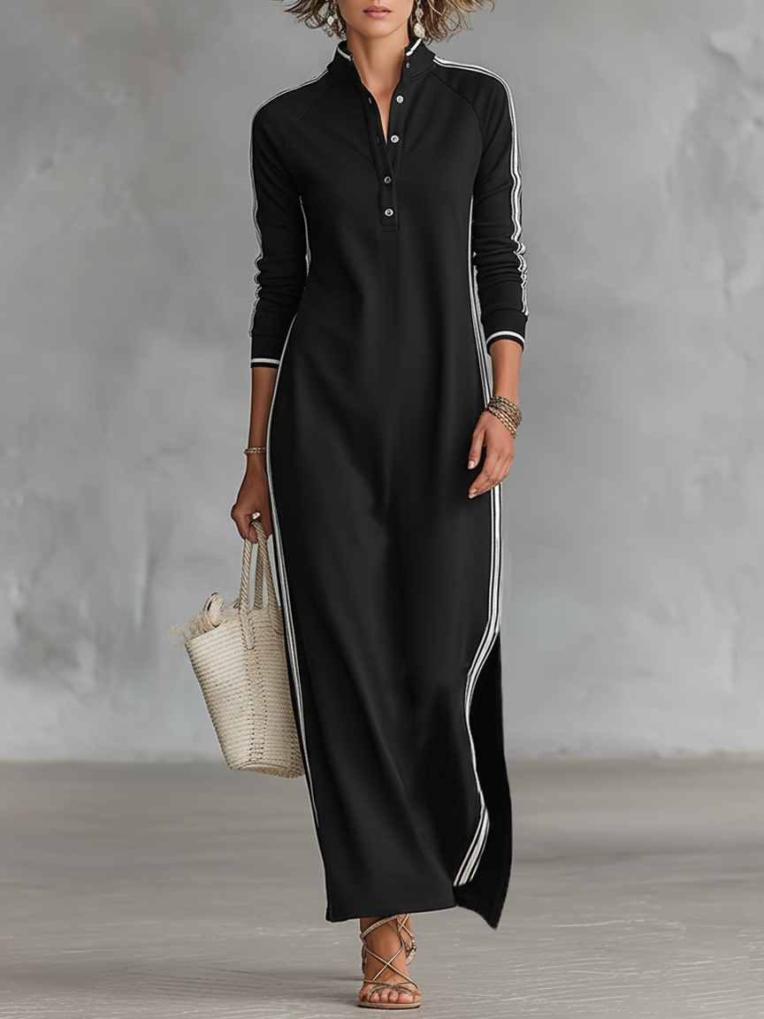 Damen Maxi Sweatkleid mit Button-Down-Kragen und weißem Rand
