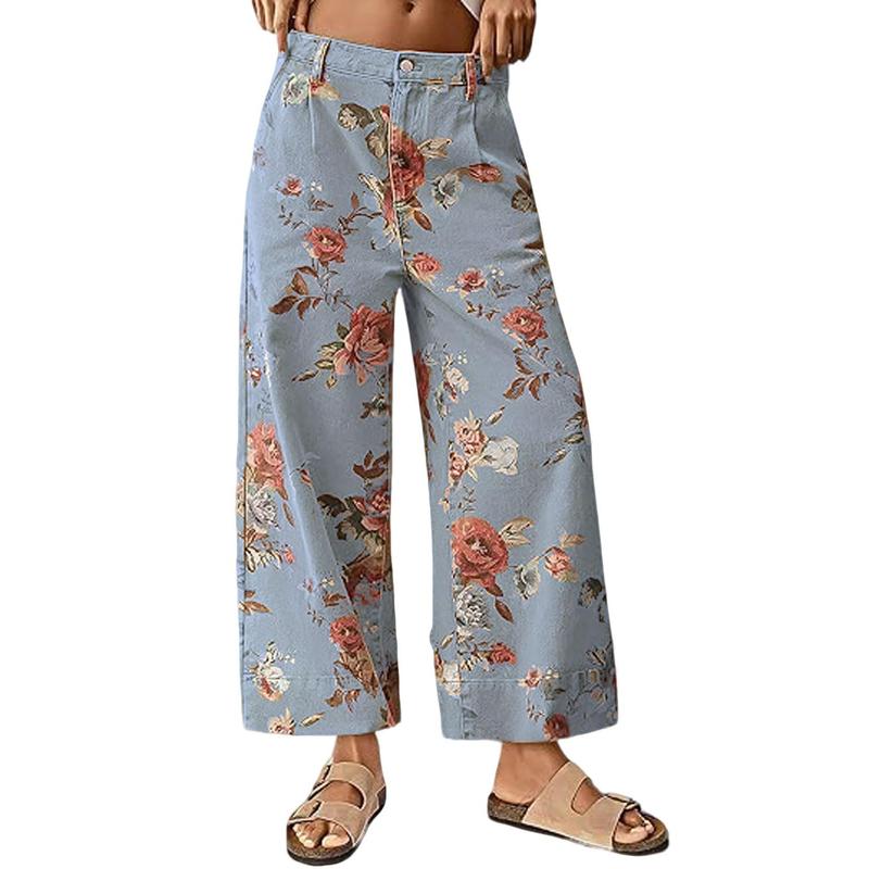 Florale Weite Rohre Hohe Taille Freizeithosen